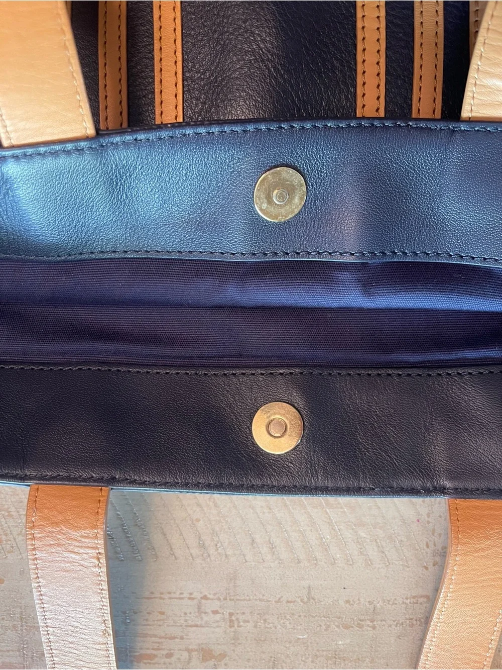 Tory Burch Navy and Tan Geometric Stripe Leather Tote